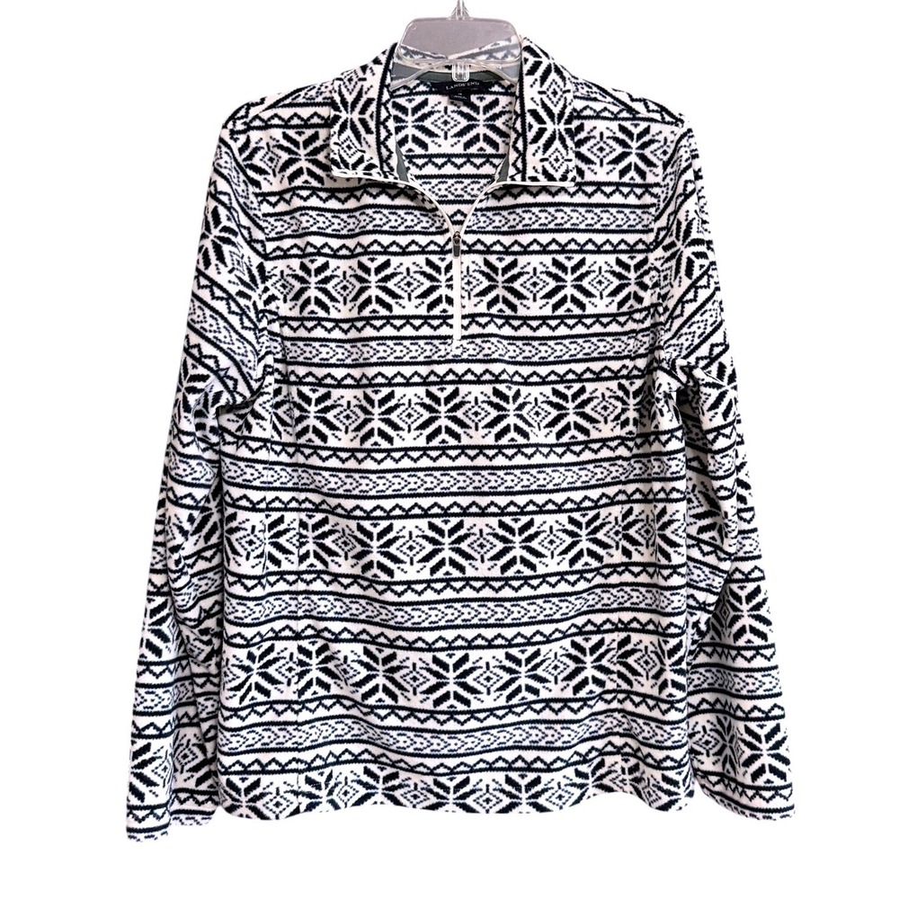 Lands End Women XL 18 Navy White Fair Isle Snowflake Fleece Quarter Zip Pullover